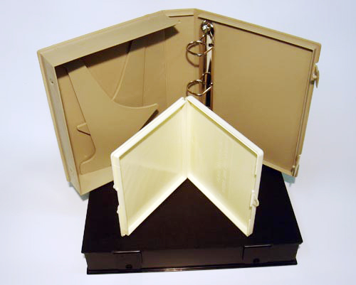 Hinged tan storage boxes, one open