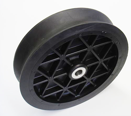 Black plastic wheel with a ribbed hub and over-molded tread